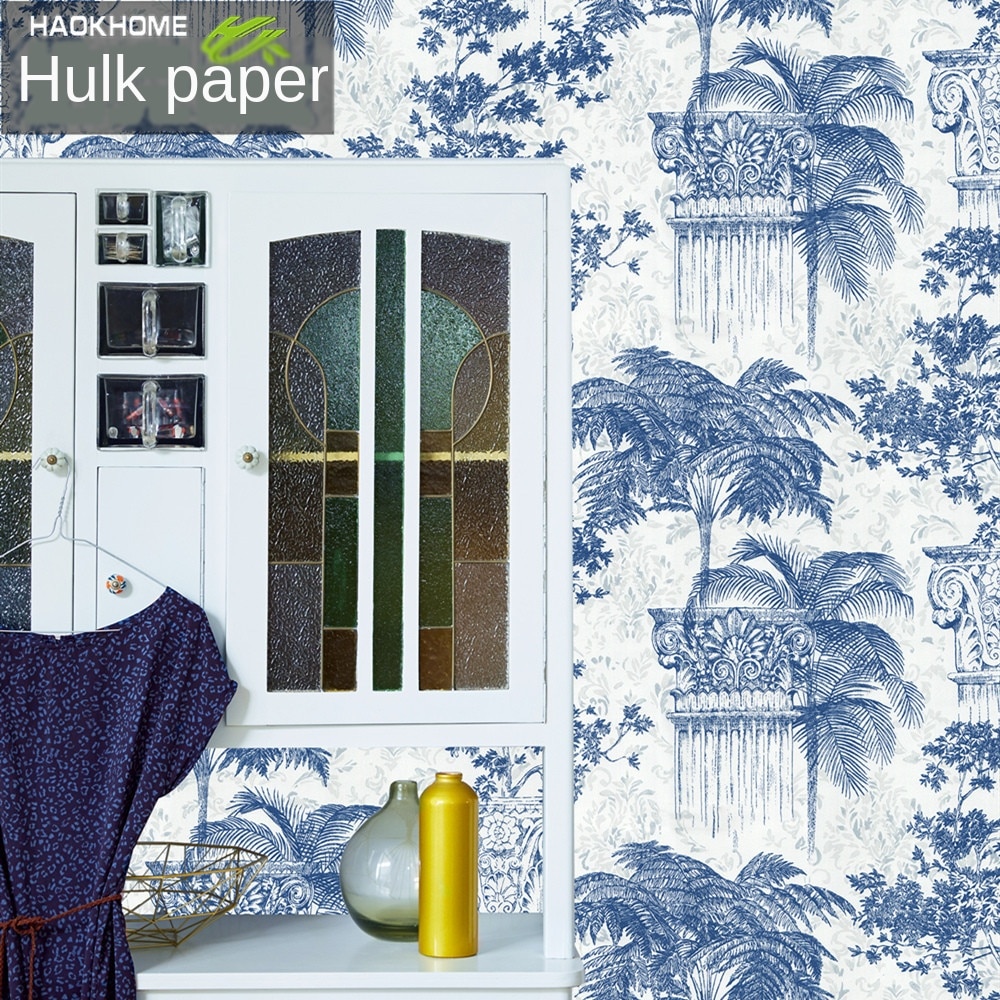 blue and white porcelain ancient Greek Roman column TV background personality hotel tea house entrance wallpaper