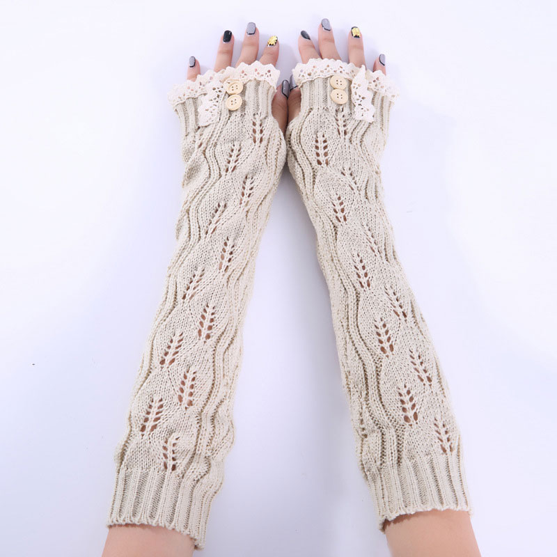 1 par dame vinterarmvarmer fingerløse handsker blonde knap strikkede lange varme handsker vanter til kvinder 88 fs9: Beige