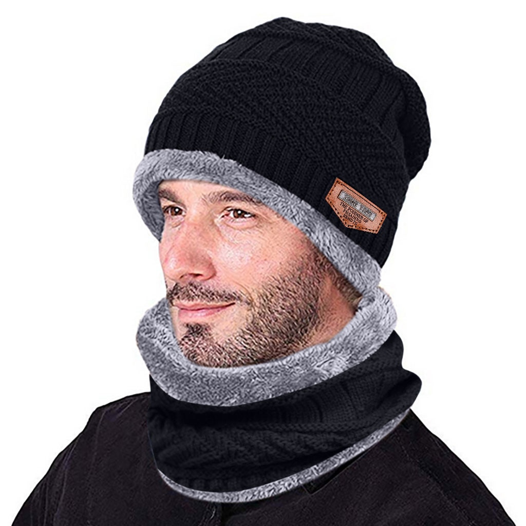 Winter Gebreide Muts Sjaal Set Voor Mannen Warm Thicken Fleece Beanie Muts Sjaal Set Solid Knit Winddicht Outdoor Ski Cap ring Sjaal