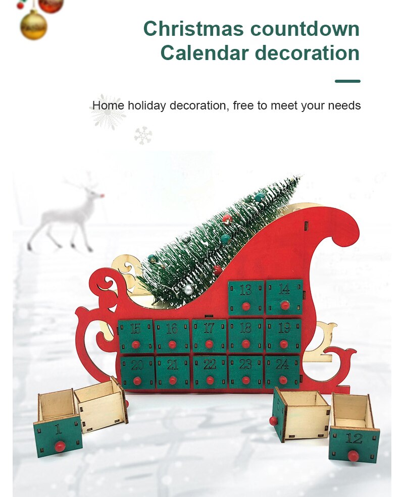 24 Countdown Christmas Calendar Home Sleigh Calendar Wooden Christmas Decoration Box Year Xmas Home Decor