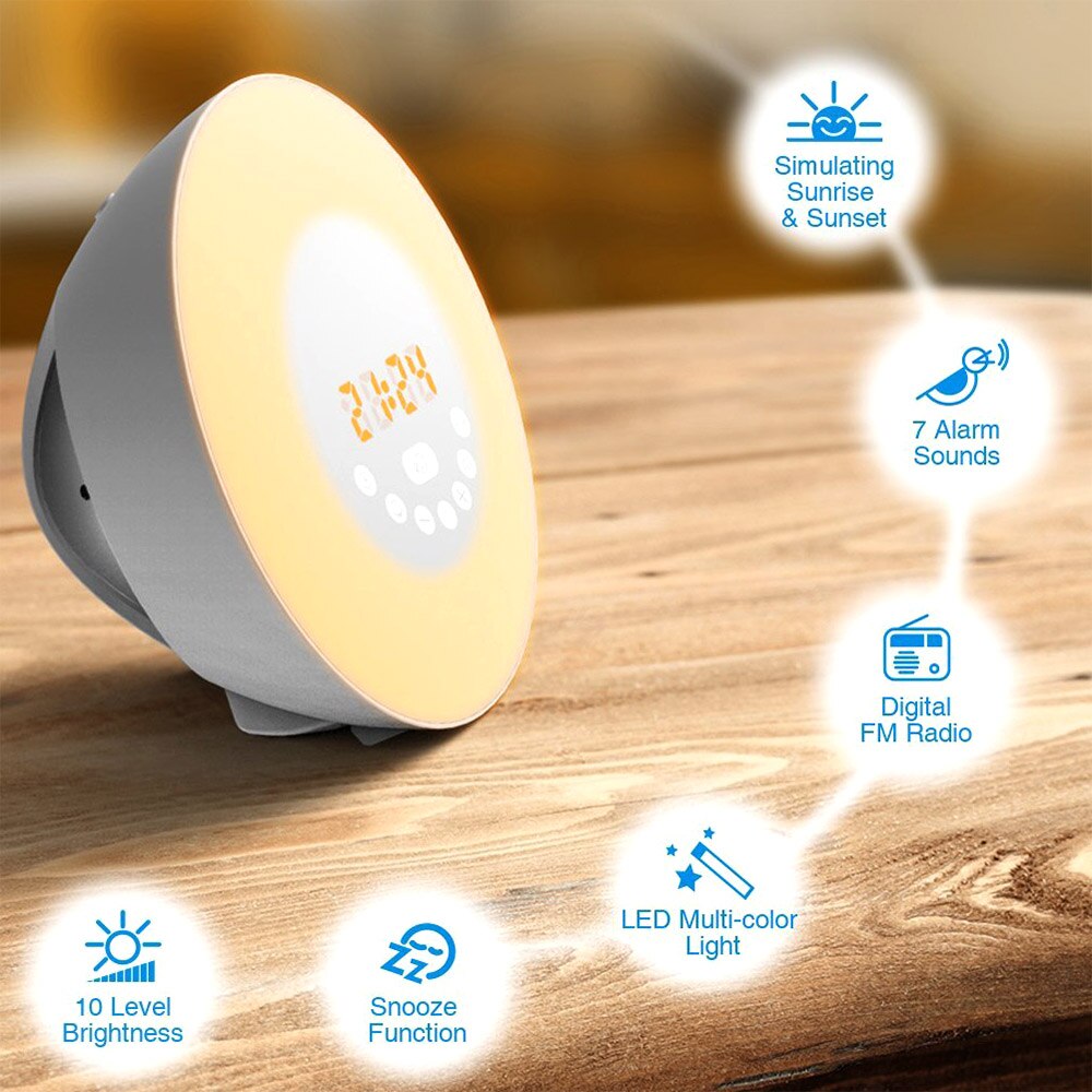 Gosear wake-up luz do nascer do sol simulação despertador sensor de toque em mudança de cor rgb lâmpada led com rádio fm