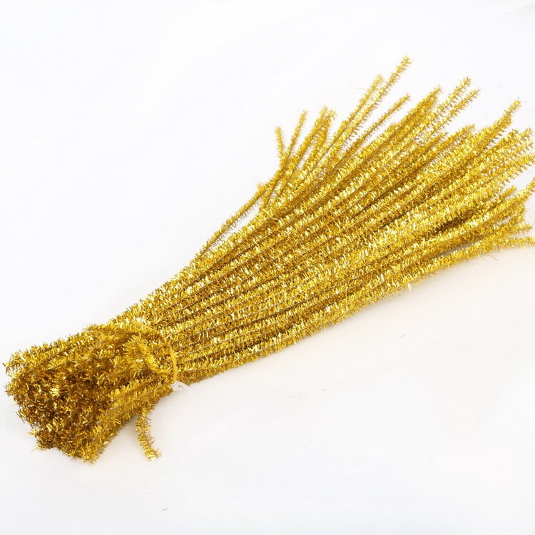 100pcs 30cm Glitter Chenille Stems Pipe Cleaners Plush Tinsel Stems Wired Sticks Kids Educational Toys DIY Craft Supplies: Light Gold