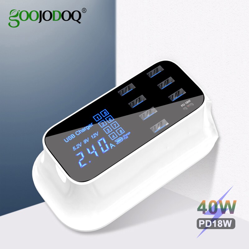 GOOJODOQ PD Charger 40W 8 Port USB Charger Smart LED Display USB Snel Opladen voor Apple iPhone Adapter ipad xiaomi Samsung