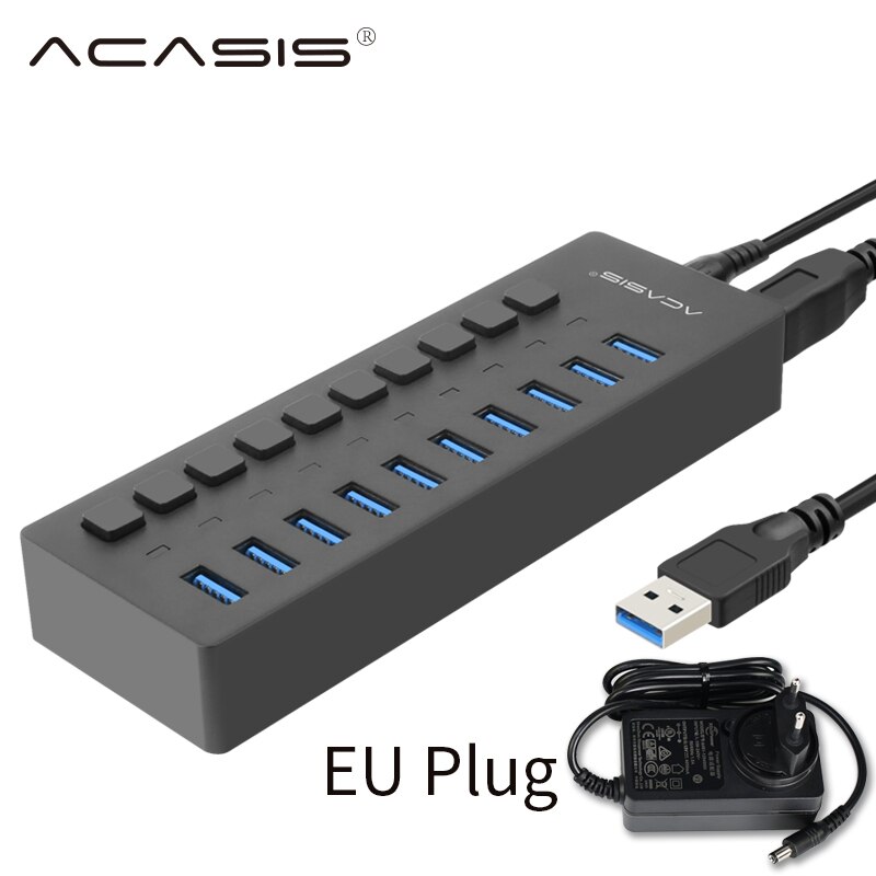 Acasis Multi USB 3.0 Hub 10 ports High Speed With ON OFF Switch Adapter Splitter USB Expander Computer Accessories: EU Plastic Black