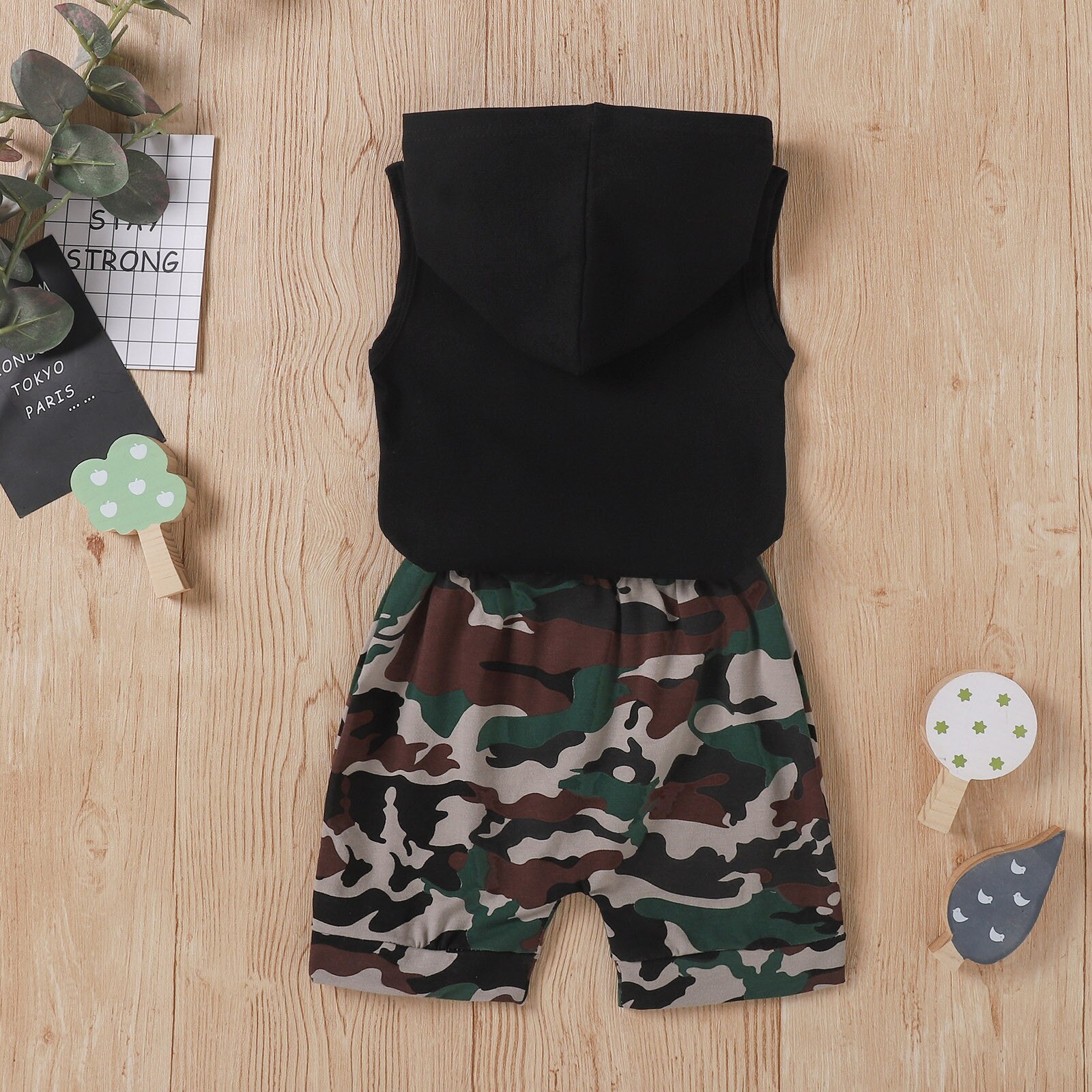 40# Toddler Baby Kids Boys Clothes Short Sleeve Letter Positioning Print Hooded Top + Camouflage Pants Baby Boy Clothes Set