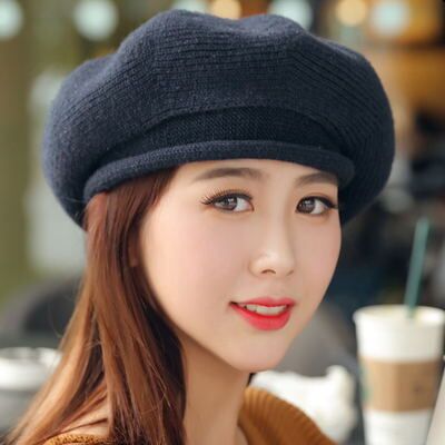 Boina mezclada de lana tejida para mujer, gorro de Otoño Invierno, boinas para mujeres,: black