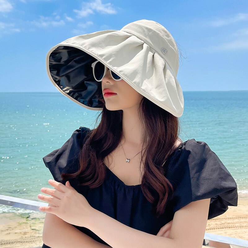 Sun Hats for Women Summer Black Glue Bow Female Panama Hollow Straw Hat UV Protection Big Brim Face Sunscreen Sun Bucket-Hats: Style2-Beige