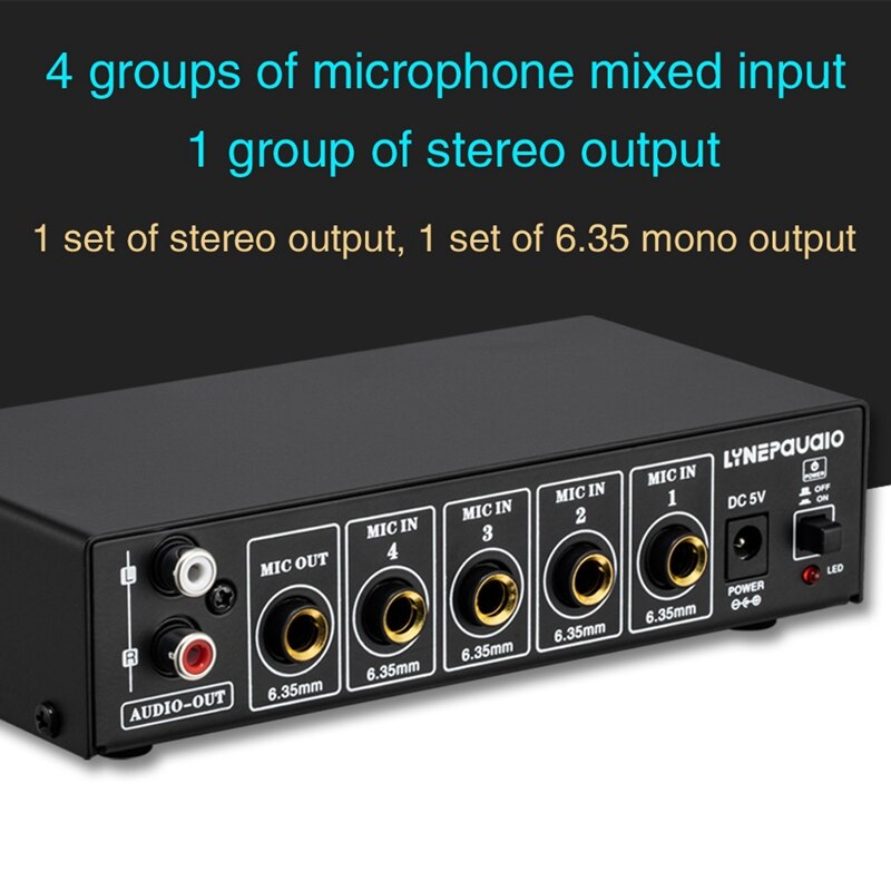 LYNEPAUAIO 4-Channel Microphone Studio Audio Mixer Stereo Output with Reverb Treble and Bass Adjustment 6.35mm RCA Output