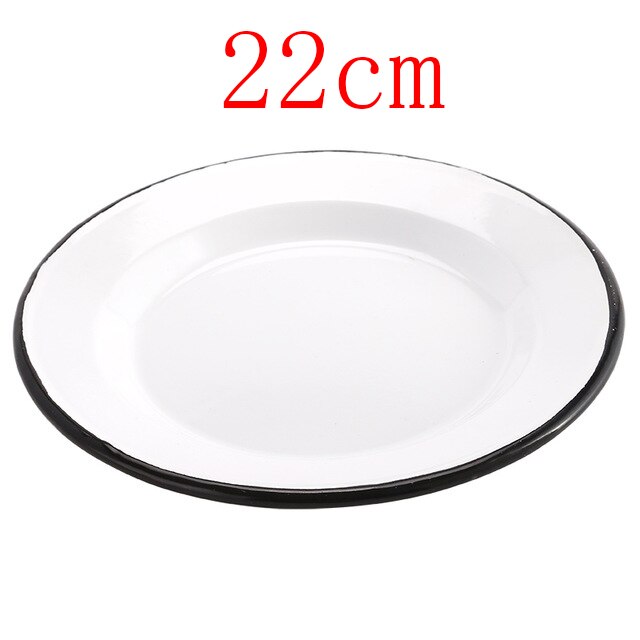 15-26cm Thick Enamel Bowl Household Disc Breakfast Tableware Dinner Plate European Enamel Tableware Set White Crimping: 22cm