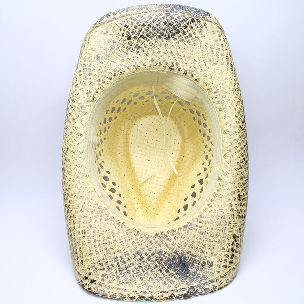 100% Straw Men Western Cowboy Hat Handmade Weave Dad Sombrero Hombre Cowgirl Jazz Caps Punk Belt Band Size 56-58CM