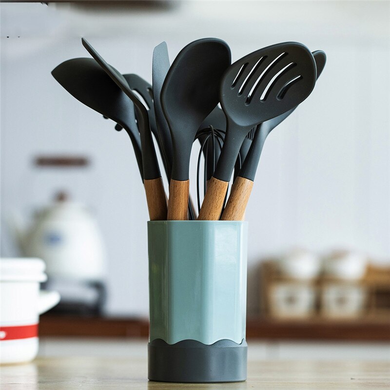 Juego de utensilios de cocina de silicona, cocina antideslizante con mango de madera con cubo de almacenamiento, cuchara, utensilios de cocina creativos