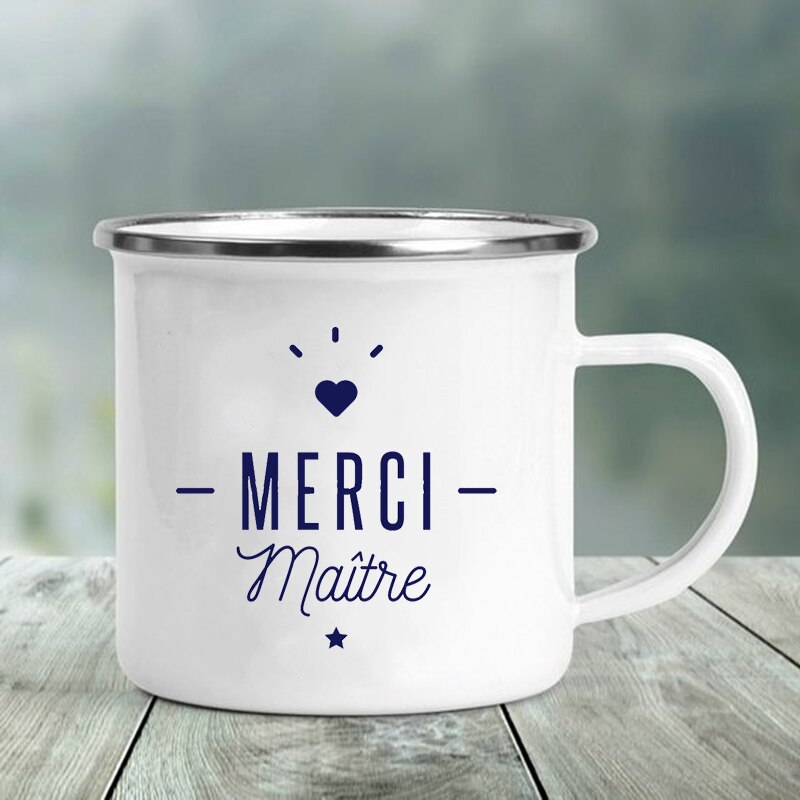 Merci maître tryck muggar kaffekoppar drycker vatten mjölk tekopp emaljmugg skola hem handtag drinkware bästa lärare: Xh3906-a015wh-8
