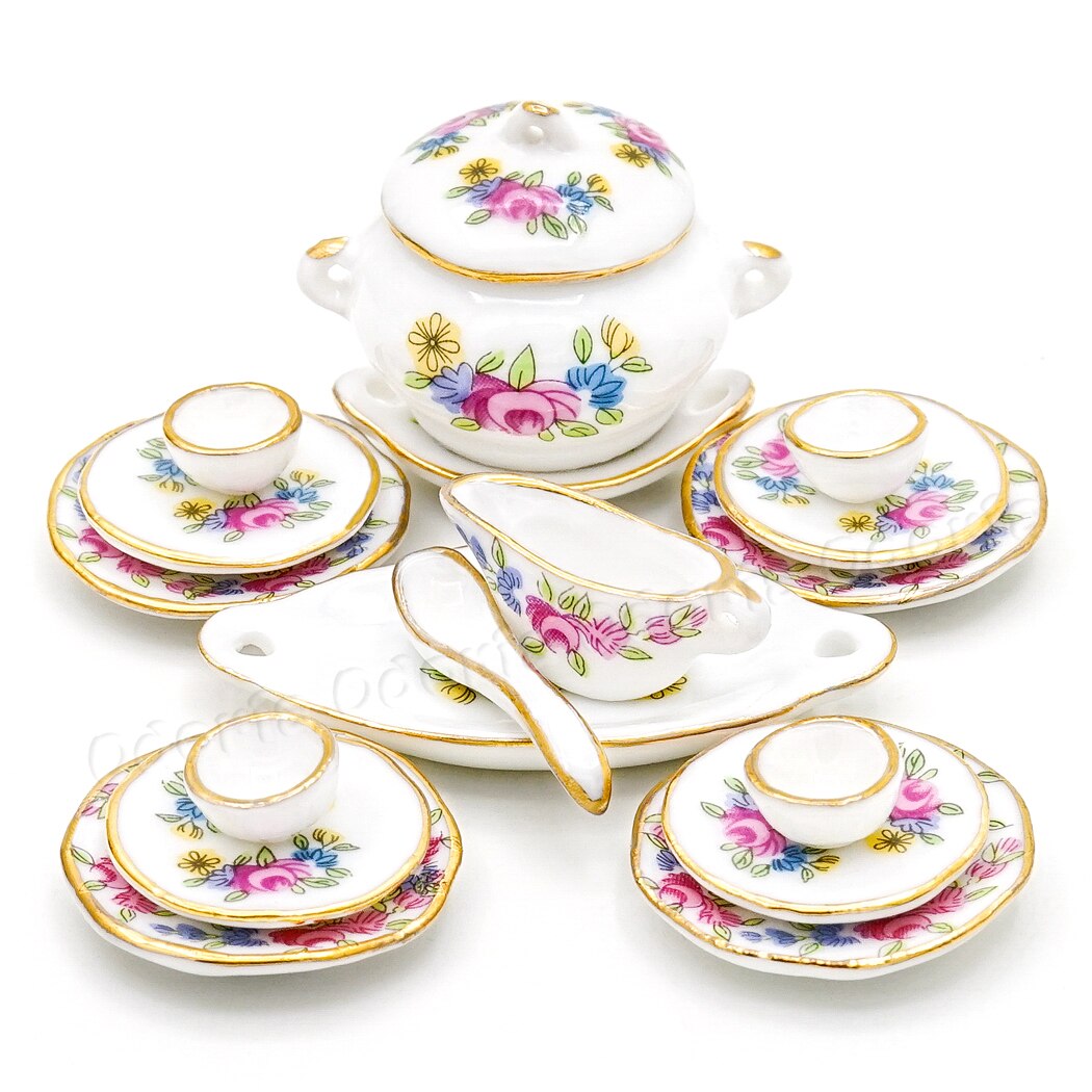 Odoria 1:12 miniatyr 17 stk porselen servise rosa rose dukkehus kjøkkenutstyr: Rosa rose