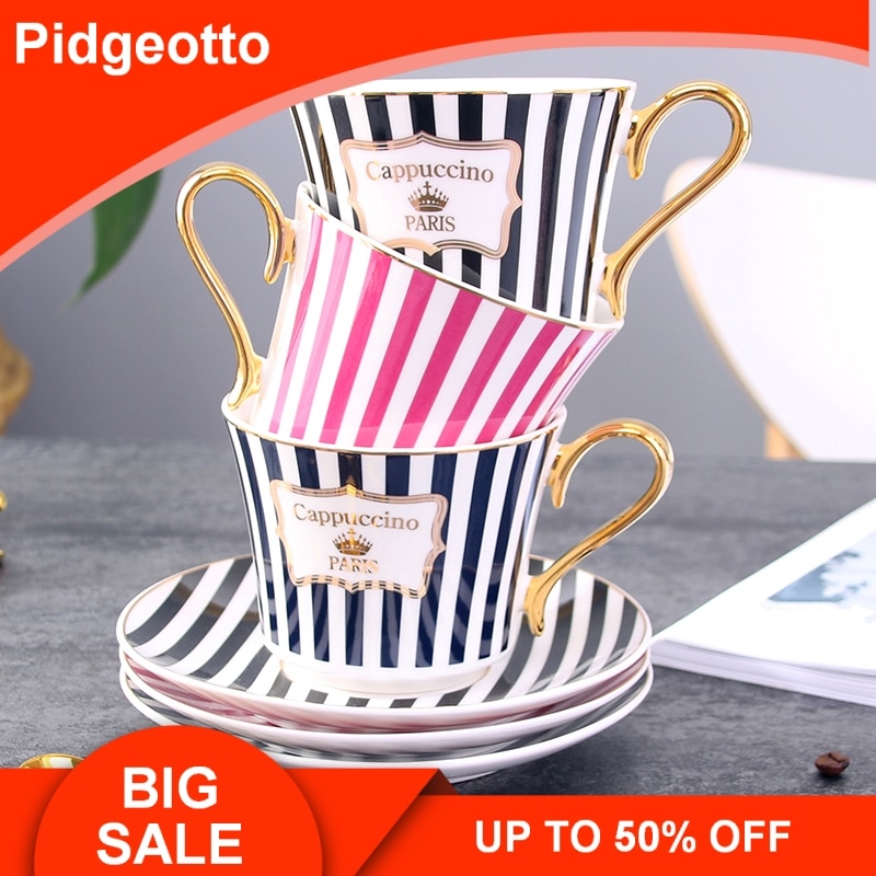 Concise Stripe Bone China Coffee Cup Saucer With Gold Spoon Ceramic Paris Tea Cup 225ml Porcelain Teacup Cafe Drinkware