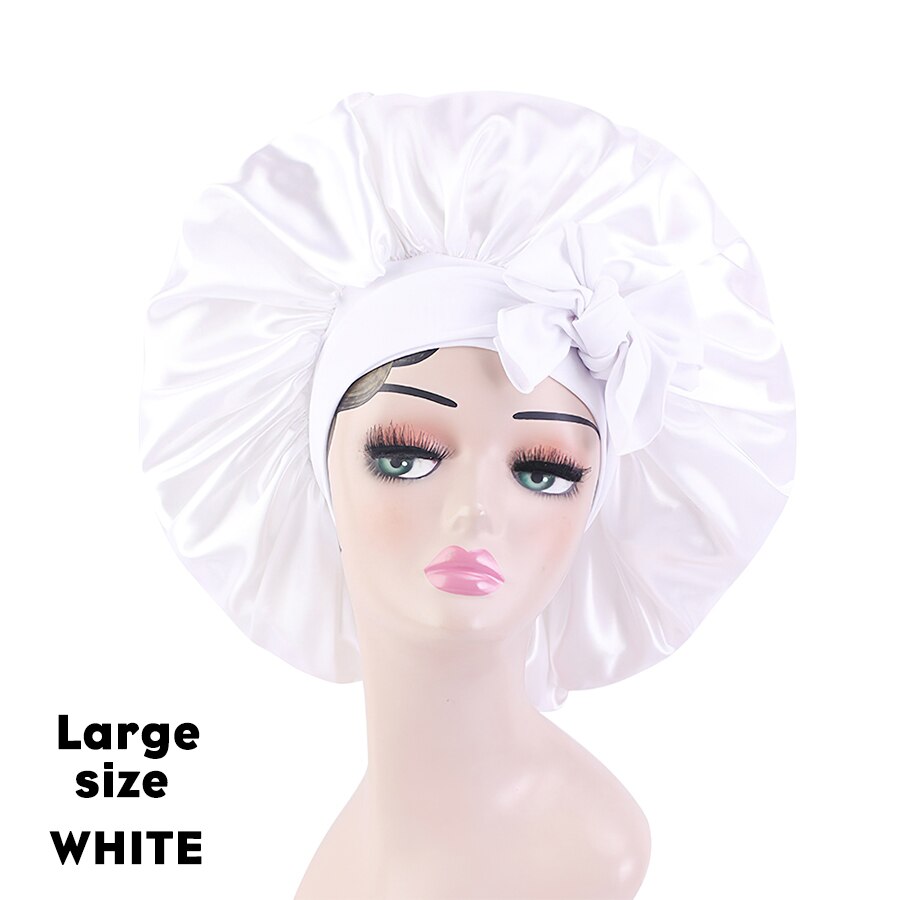 Satin Bonnet Silk Bonnet With Elastic Tie Band Large Adjustable Straps Hair Bonnet Jumbo Size For Sleeping Curly Braid Hair: L WHITE
