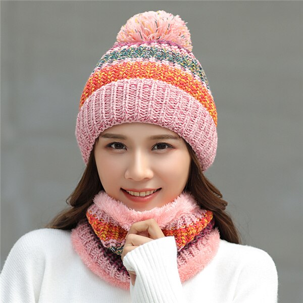Gorros de invierno para mujer, gorros tejidos a rayas de Color mixto, conjunto de 2 piezas, gorros gruesos y cálidos, gorros, gorros para mujer: Pink