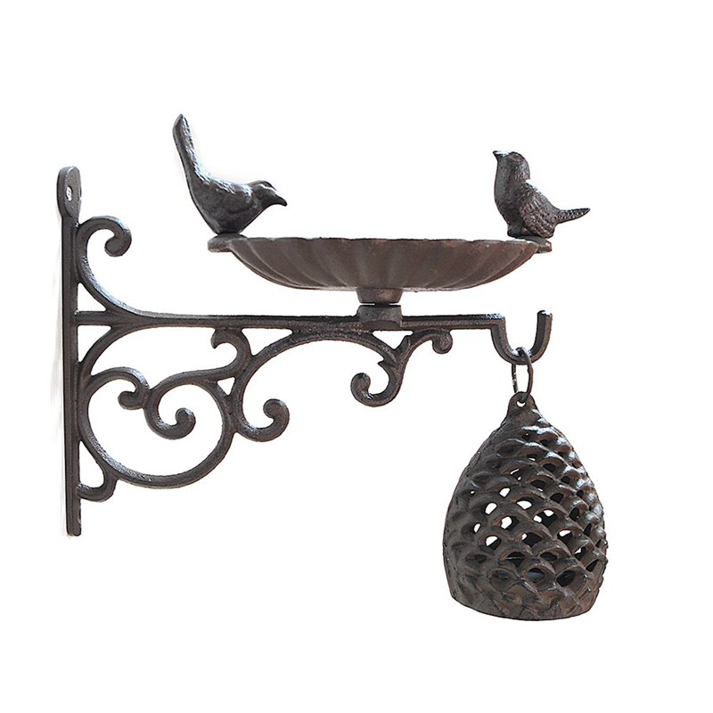 Bird Bath/Feeder With Wall Bracket Outdoor Garden Cast Iron Hanging Basket Bird Bath Wall Mounted Hook Bracket