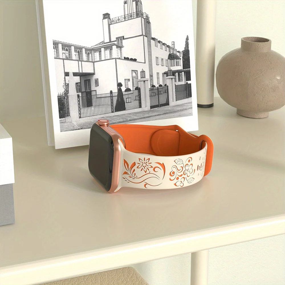 Silicone Floral Engraved Strap For Apple Watch 38/42/46mm 41/44/45mm 49mm Sport Bracelet For iWatch Series 10/9/8/7/6/Ultra Band