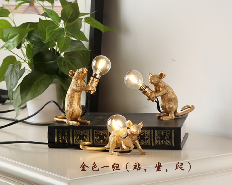 Mus bordlampe harpiks hvid nordisk stue undersøgelse dekorativt lys børneværelse soveværelse mus bordlampe indendørs: Guld kombination