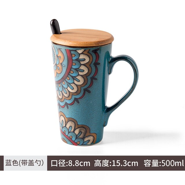 Ceramic Coffee Mug Retro Large-capacity Office Southeast Asia Water Cup Cups and Mugs with Lid Spoon Birthday CM25: 6