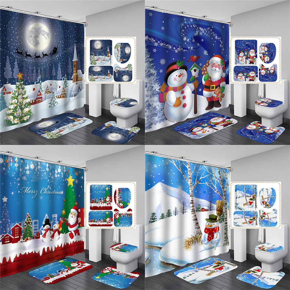 Merry Christmas Shower Curtain Set with Rugs Waterproof Curtain Bathing Screen Anti-slip Toilet Lid Cover Rugs Bathroom Decor