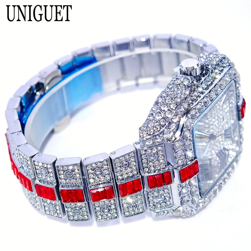 Luxury Red Diamond Watches Men Brand UNIGUET Hip Hop Iced Bling Jewelry Wristwatch Man Waterproof Square Quartz Clocks