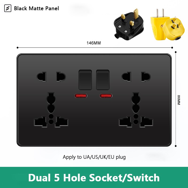 Atlectric Usb Wall Socket EU Standard Electrical Socketes Black Large Plastic Panel Multi-function Socket With Switch AC110-250V: 25HD2GL