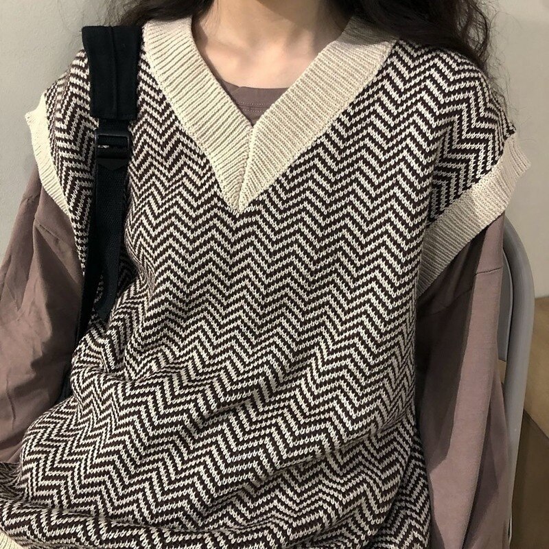 Sweater Vest Women Korean Style Casual V-neck Patchwork Jacquard Jumpers Streetwear Ladies Soft Retro All-match