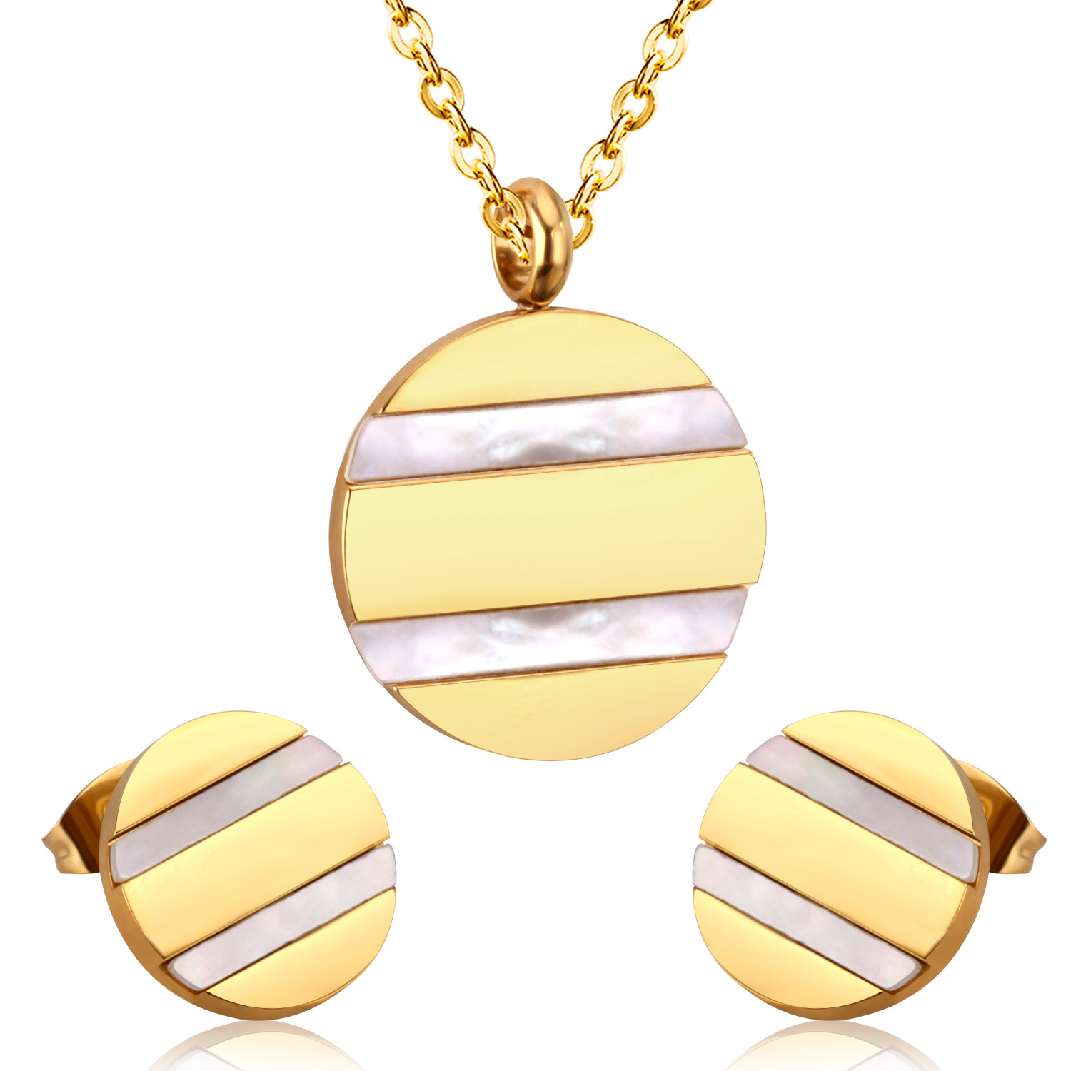 Luxusteel Rvs Sets Goud Kleur Ronde Hanger Necklce Oorbellen Brinco Party Vrouwen: 115G
