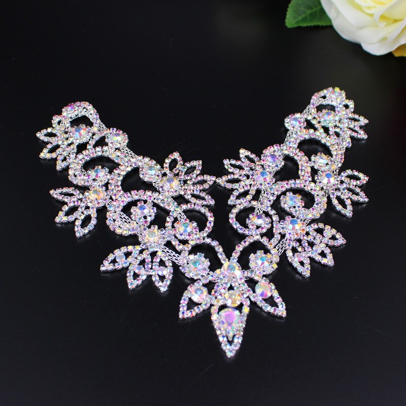 Luxury Handmade Neckline AB Rhinestone Applique Fancy Clothes Flower Applique for Wedding Dress Headband Garter Garment Jewelry