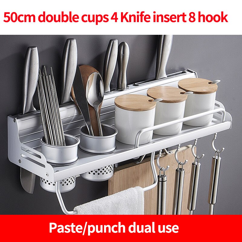 Non-perforating space aluminum knife rack aluminum side rail multi-functional seasoning kitchen utensils storage rack: 50cm double cups