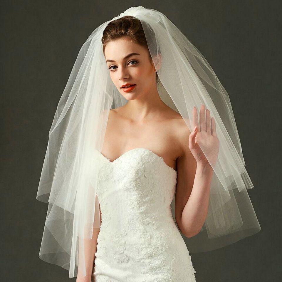 de la boda velo Simple tul blanco de dos capas, velo de novia barato novia accesorios 75cm corto velos con peine