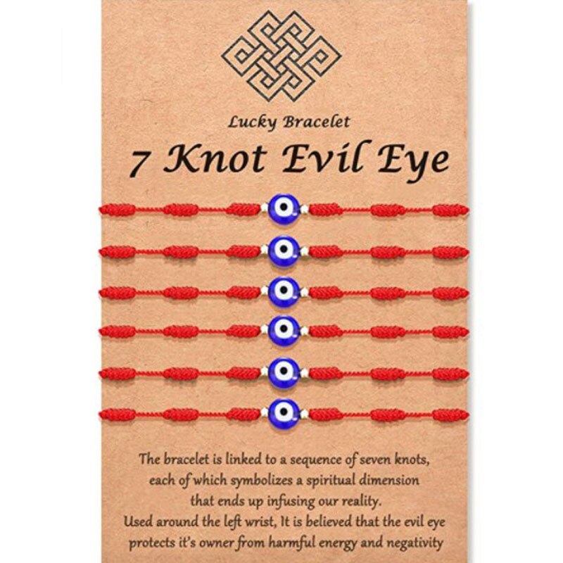 Pulseras de cuerda de 7 nudos hechas a mano, pulseras de cuerda roja con abalorios de mal de ojo, pulsera de Amistad tejida ajustable apilable