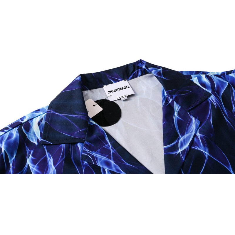 Blue Flame Print Shirts Men Streetwear Hip Hop Mens Hawaiian Shirt Harajuku Summer Beach Shirt Hawaii Tops Short Sleeve