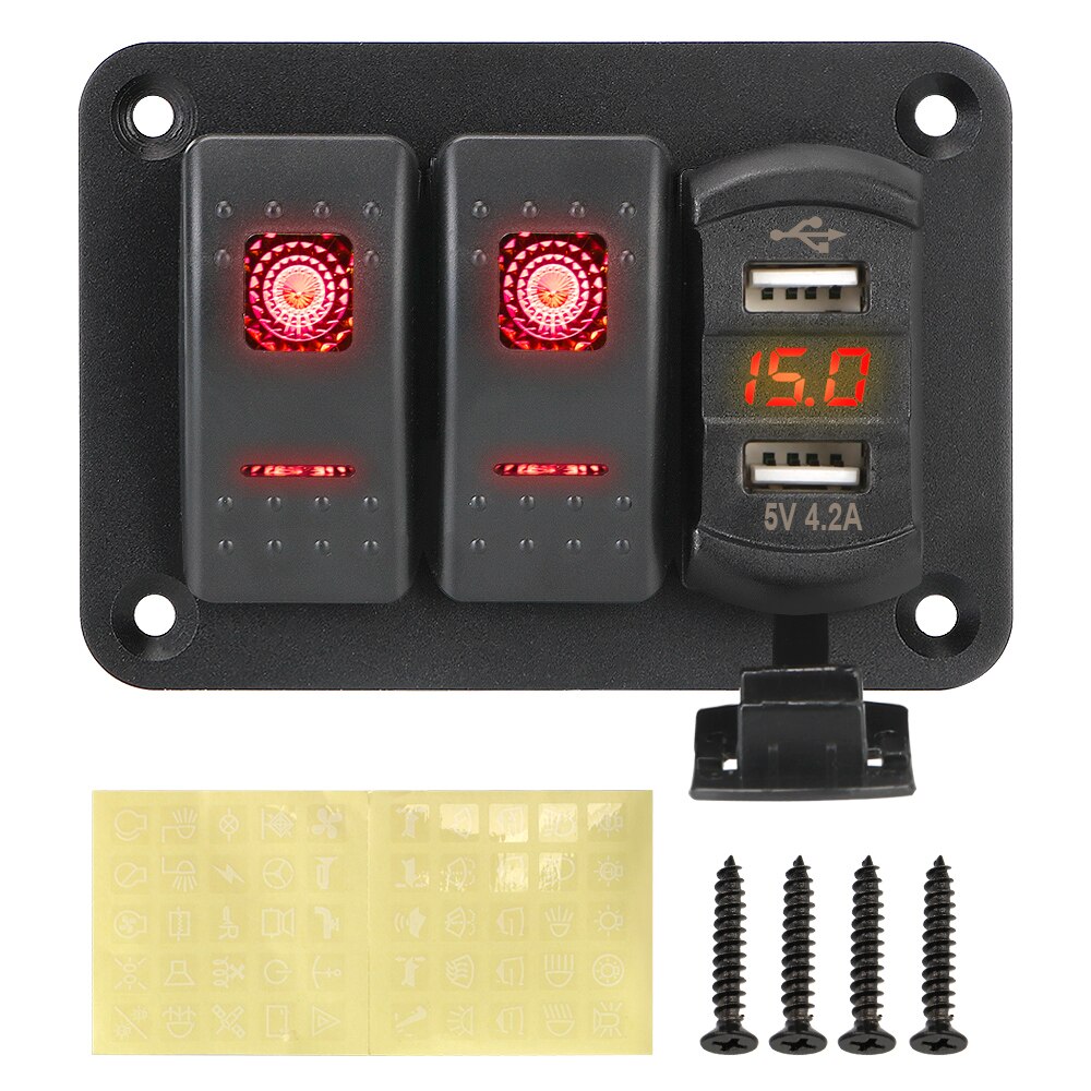 Dc 12v/24v 6/2 gangs vippekontakt panel vandtæt dobbelt usb porte led digital voltmeter afbryder tænd/sluk lys bil marine: Hvid