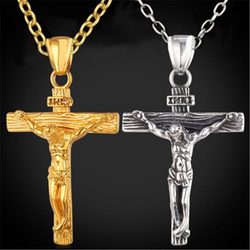 crucifijo Cristo Jesús collar de hombre joyería de oro de acero inoxidable de Color cadena alrededor del cuello cruzado colgante collares para hombre