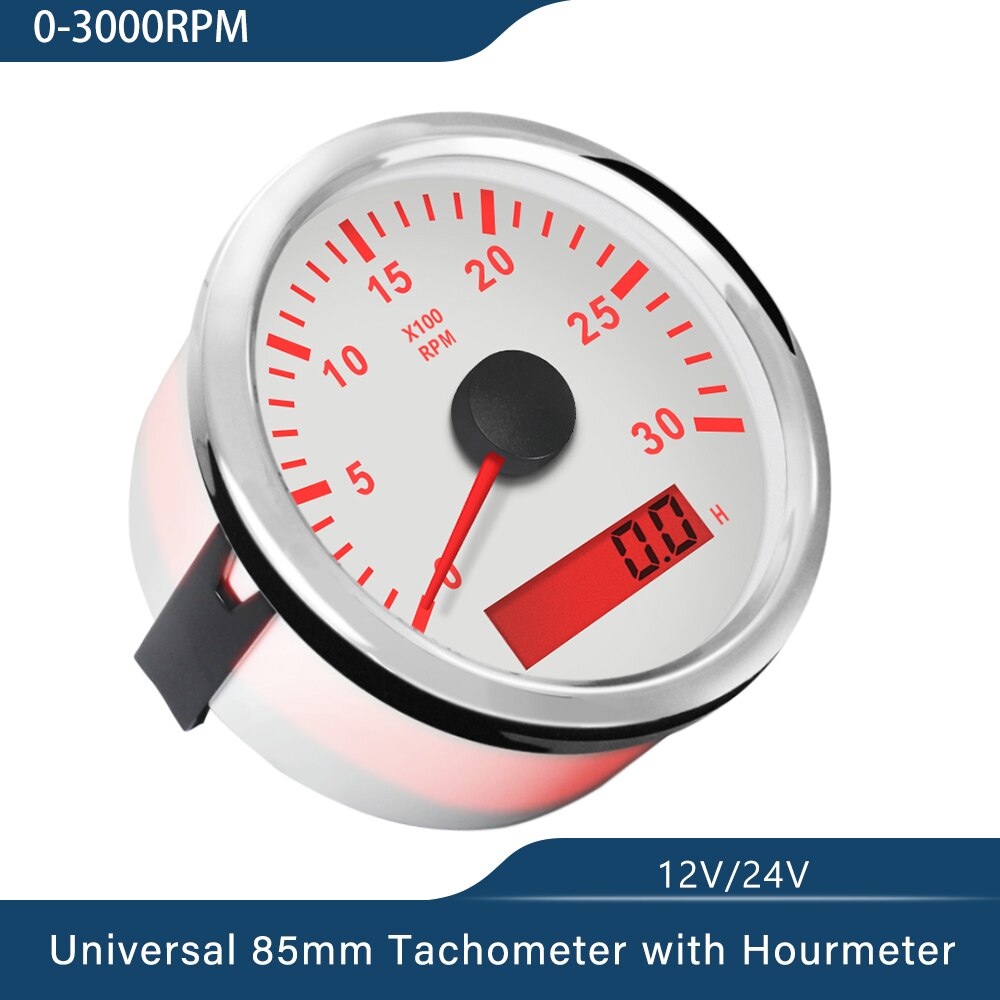 85mm Tachometer RPM REV Counter 3K 4K 6K 7K 8K RPM with LED Hourmeter Car Truck Boat Universal Outboard Red Backlight
