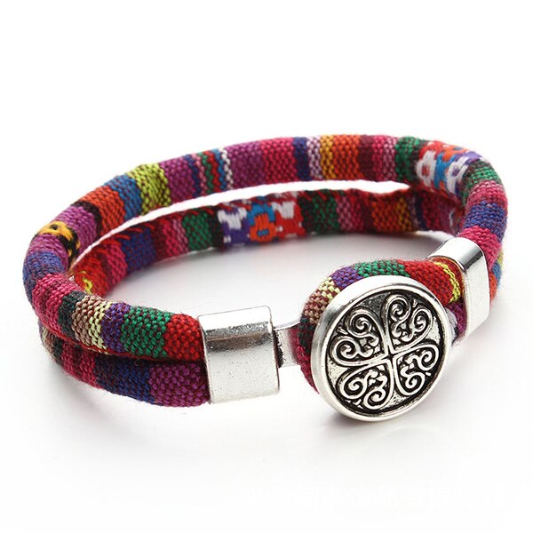 Bohemian Boho Druckknopf Armband für Frauen Multicolor Baumwolle Schnüre Tibetischen Silber Ethnische Charme Blume Armband Pulseras Mujer: B053S115