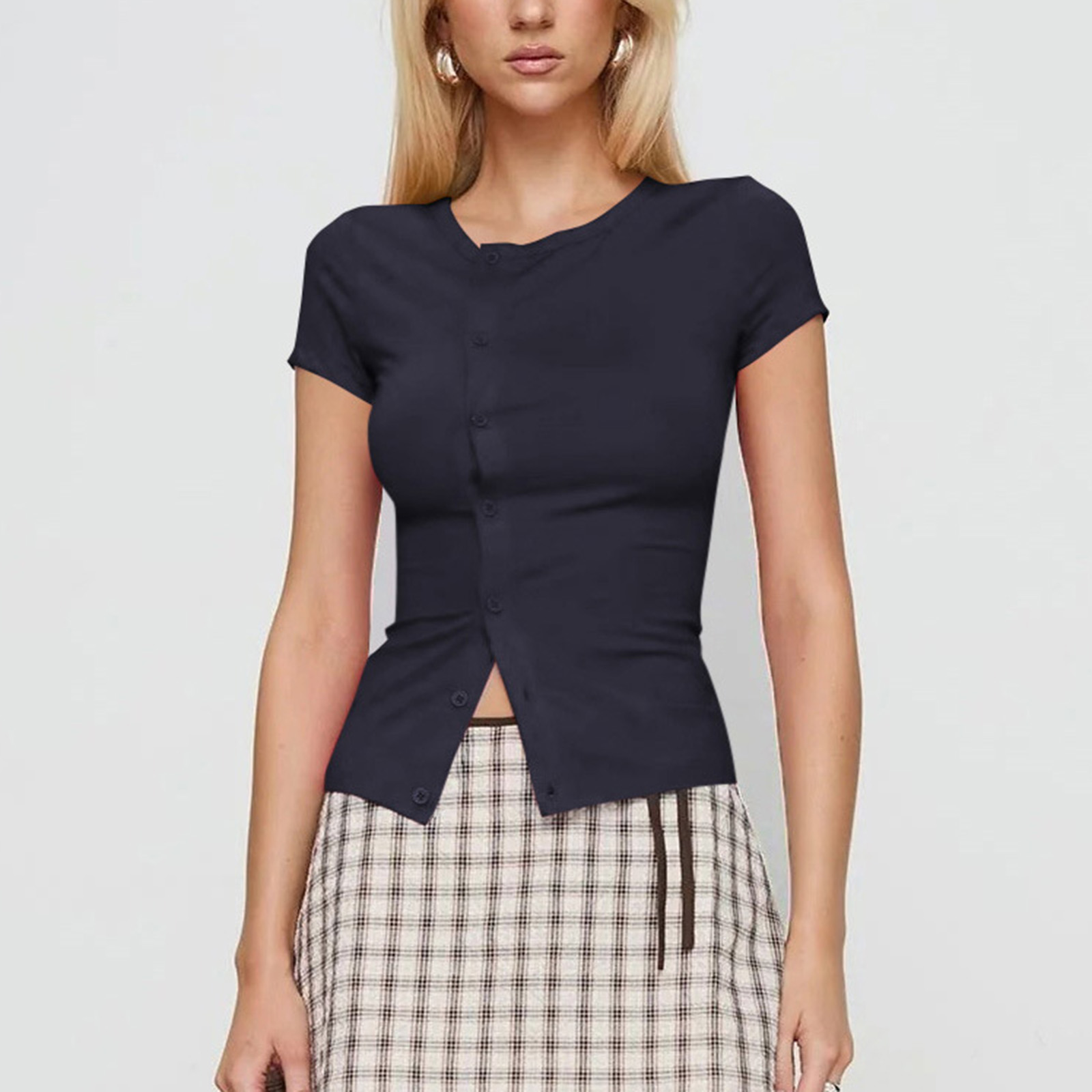 Hirigin kvinders ensfarvede t-shirt med rund hals, korte ærmer, knaplukning, slim fit, crop tops, sommertoppe til afslappet hverdag: S / Brun