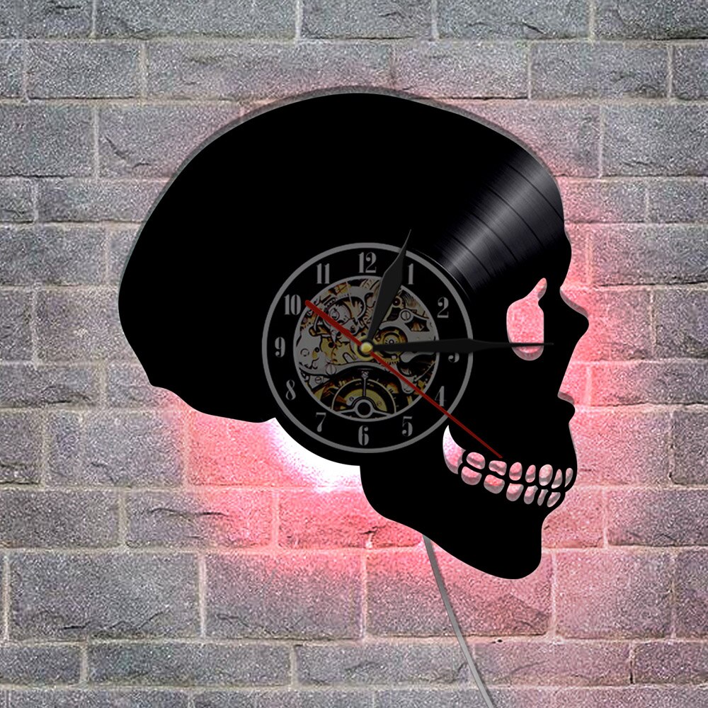Skelet Hoofd Vinyl Record Wandklok Schedel Hoofd Silhouet Shadow Led Wandklok Batterij Operated Slaapkamer Decor Halloween