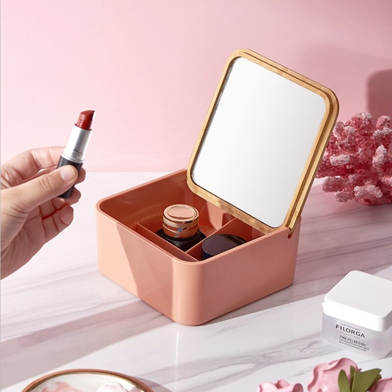 Portable Makeup Mirror Set With Storage Box Container Vanity Mirror Desktop Organizer for Cosmetics: Coral red