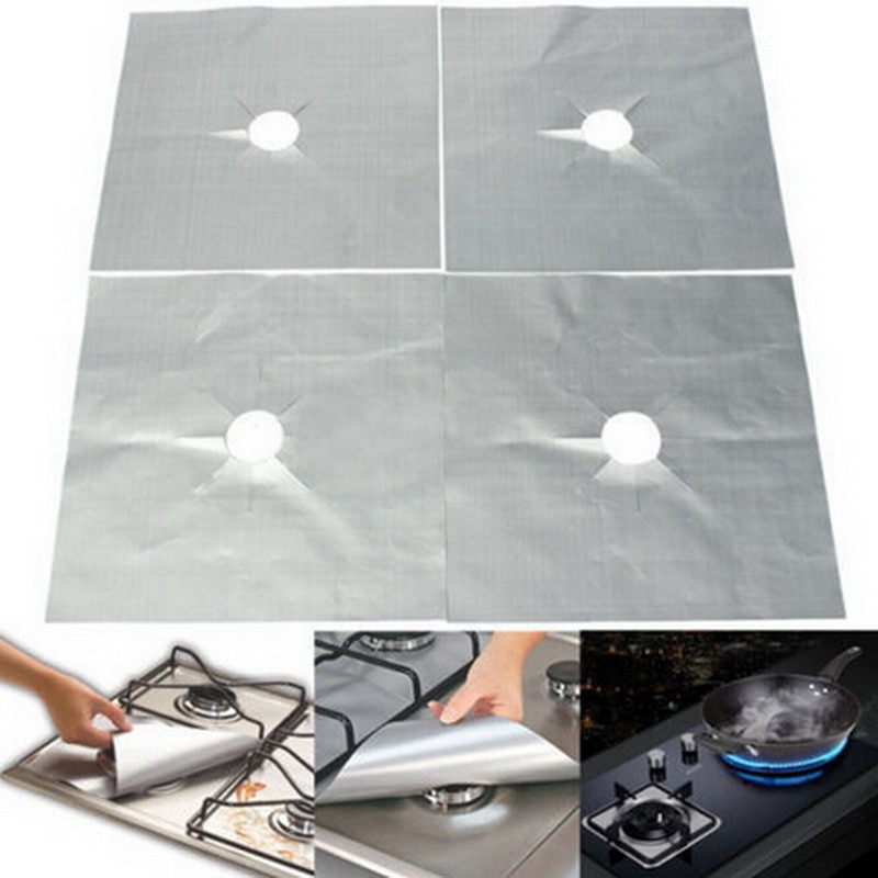 4 unids/set papel de aluminio reutilizable tapa para cocina a gas Protector antiadherente quemador estera de lámina almohadilla revestimiento limpio para utensilios de cocina