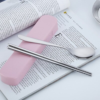 Tableware Reusable Travel Cutlery Set Camp Utensils Set with stainless steel Spoon Fork Chopsticks Straw Portable case: pink