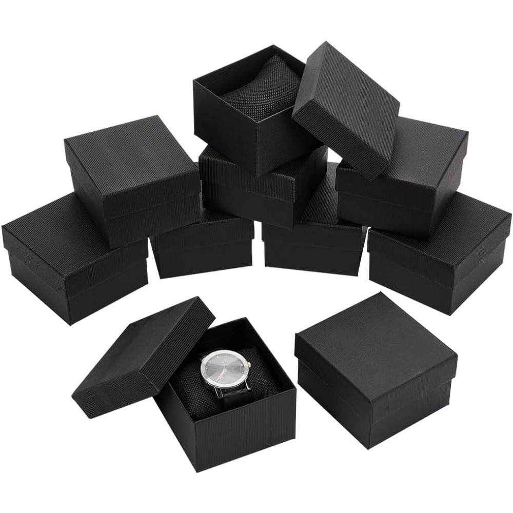 Caja de reloj individual negra de 10 Uds., caja de embalaje de de cartón de 3,4x3x2, soporte para relojes con almohada, soporte para pulsera, almacenamiento cuadrado