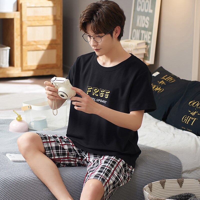 Men's Sleepwear 100% Cotton Pijama Hombre Summer Short Sleeve T-Shirts Plaid Shorts With Pockts Pajamas For Men Pyjama PJS