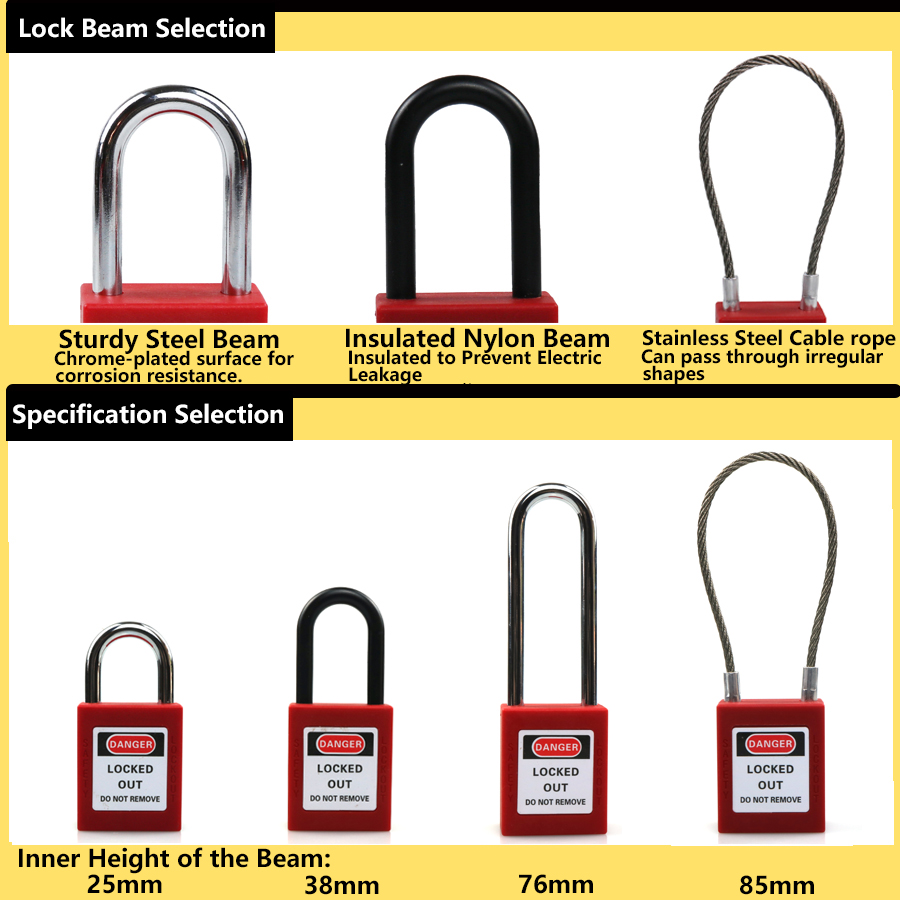 38mm industriële veiligheidshangsloten, loto-vergrendeling, nylon technische beugel, persoonlijke energievergrendeling, directe meerdere specificaties
