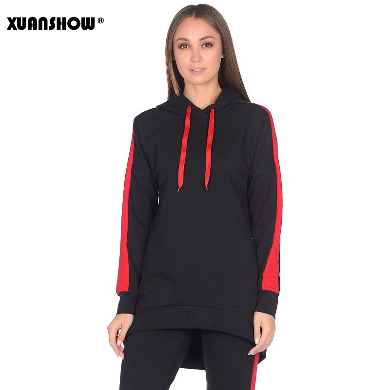 XUANSHOW Autumn Winter Women Tracksuit Long Sleeve Long Hoodies+Pants Two Piece Set Outfit Women Suit Chandal Mujer 2 Pieza: BlackandRed / M