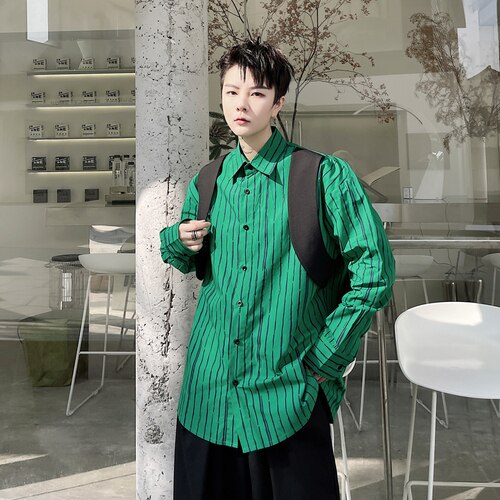 Chaleco a rayas para hombre, camisa informal holgada de manga larga, ropa de calle de Japón, coreano, Cityboy, a la: Green / XL