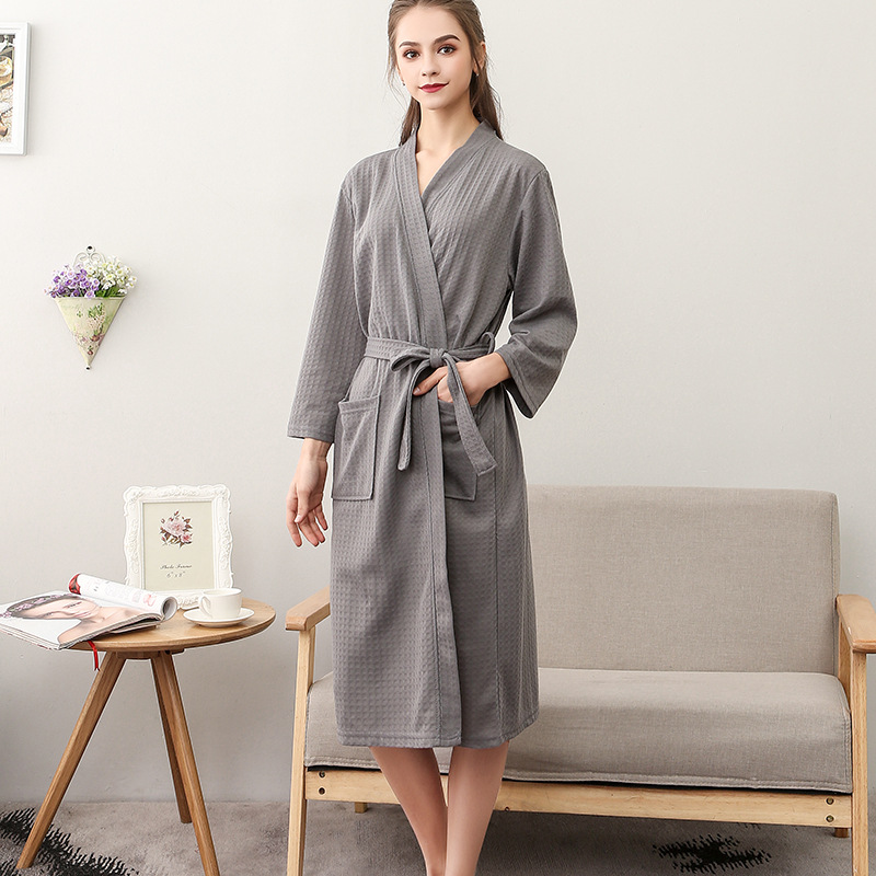 Spring And Summer Bathrobe Female Thin Section Waffle Couple Robe Men And Women Summer Korean Bathrobe Pajamas Homewear: XL / Dark Grey