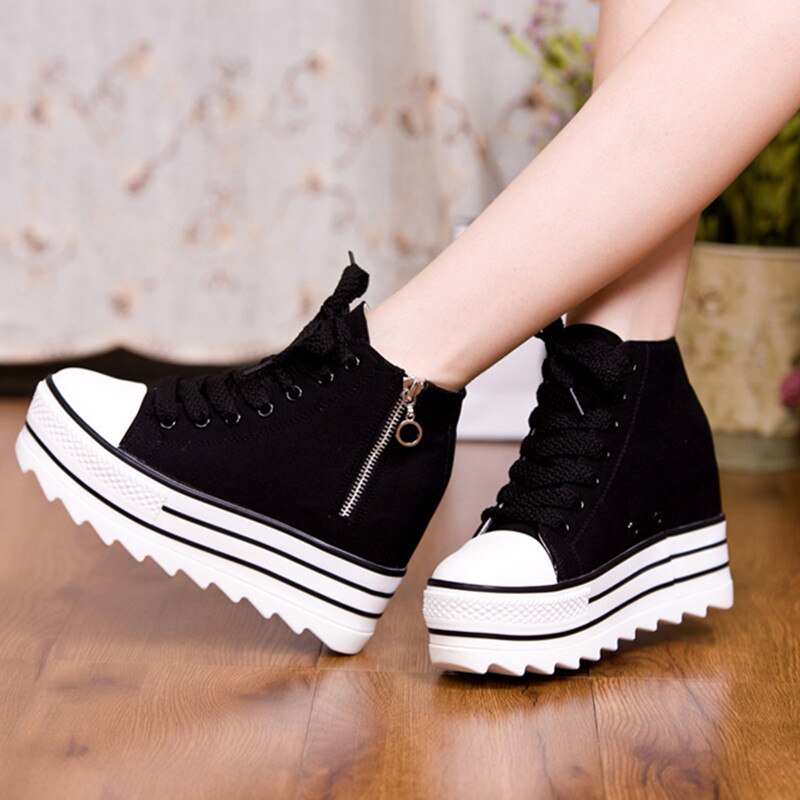 Vita kilar canvas skor kvinna sneaker höga platåskor high top sneakers dam dold klack ledig dragkedja vulkaniserade skor
